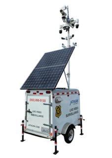 Outdoor mobile surveillance trailer by Jatagan Security showcasing Automatic Repair Module for continuous site protection.