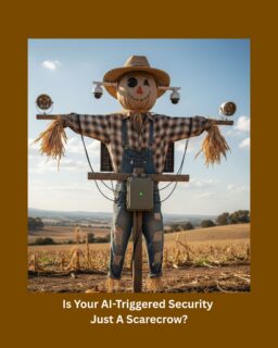 Scarecrow outfitted with security cameras symbolizing AI-only video security without human monitoring