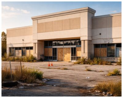 Vacant commercial property showing boarded doors and open access, highlighting the need for vacant property security