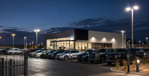 Car dealership security at night with outdoor vehicle inventory, perimeter fencing, lighting and surveillance cameras.