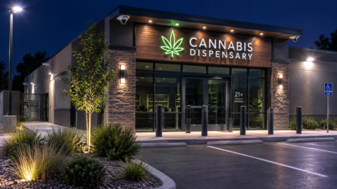 Cannabis dispensary exterior with parking lot, entrances, lighting and security cameras after hours.