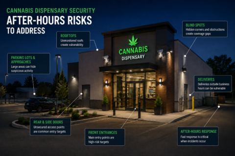 Infographic showing seven after-hours security risks at cannabis dispensaries, including entrances, rooftops, parking lots, deliveries, blind spots and response.