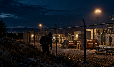 Intruder approaching a fenced utility site at night with copper cable reels and electrical equipment under video surveillance.