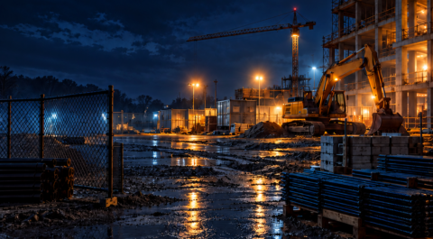 Empty construction site at dusk after the crew has left